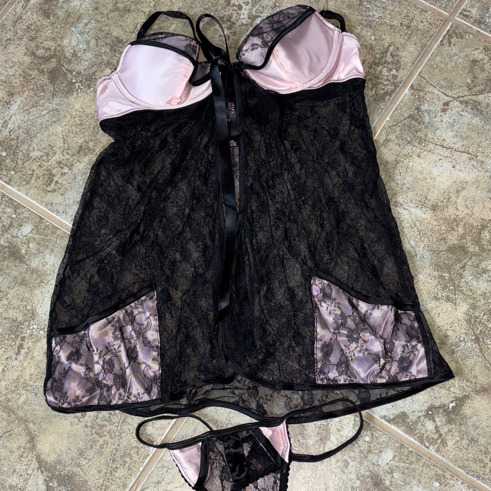 Victoria's Secret Black and Pink Lace Chemise